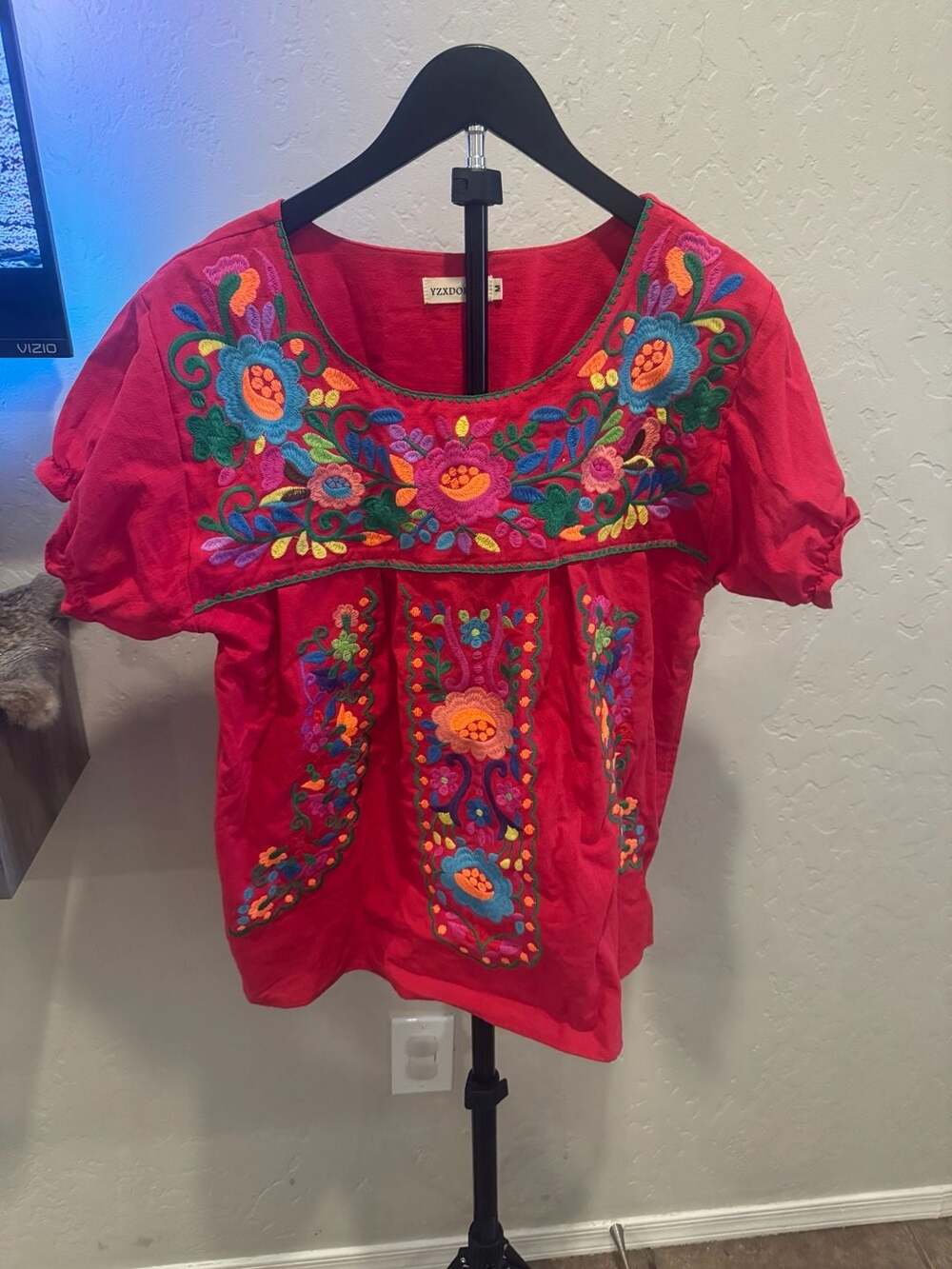 Yzxdorwj Embroidered Mexican Peasant Blouse Size M Pink Red Cotton